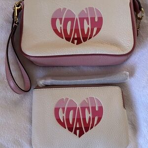 Coach White & Pink Heart Logo Crossbody Bag with Matching Wallet